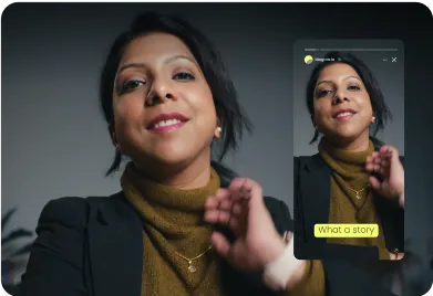 Woman holding a phone showing her own Instagram story.